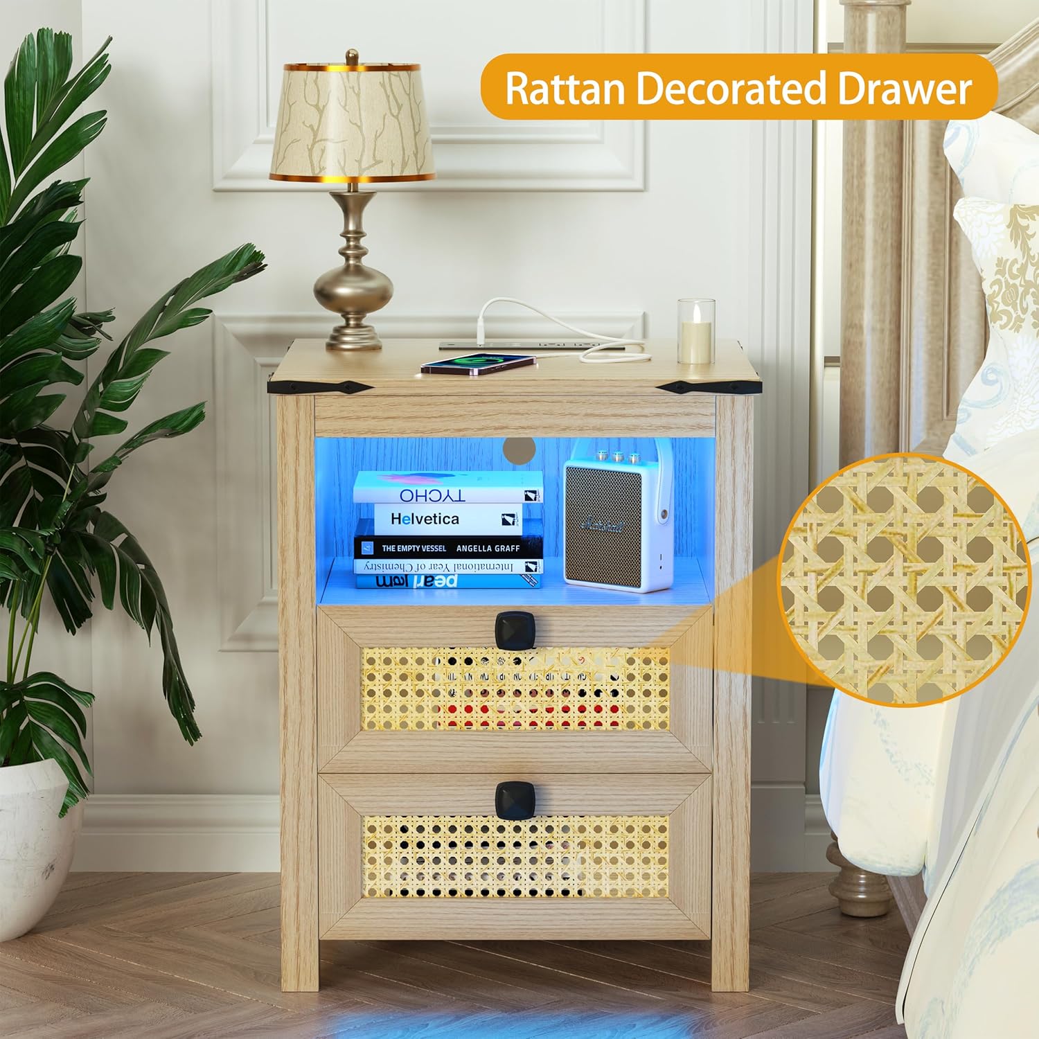 Modern Nightstand Set of 2, Nightstand with Charging Station, LED Night Stand with Rattan Drawers, Side End Table with Human Sensor Light, Bedside Table for Bedroom, Natural Wood (2PCS)