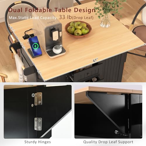 Large Kitchen Island Cart with 2 Drop Leaf, Mobile Dining Table with Storage Cabinet, Rolling Kitchen Cart with Power Outlets, 3 Drawers, Spice & Towel Rack