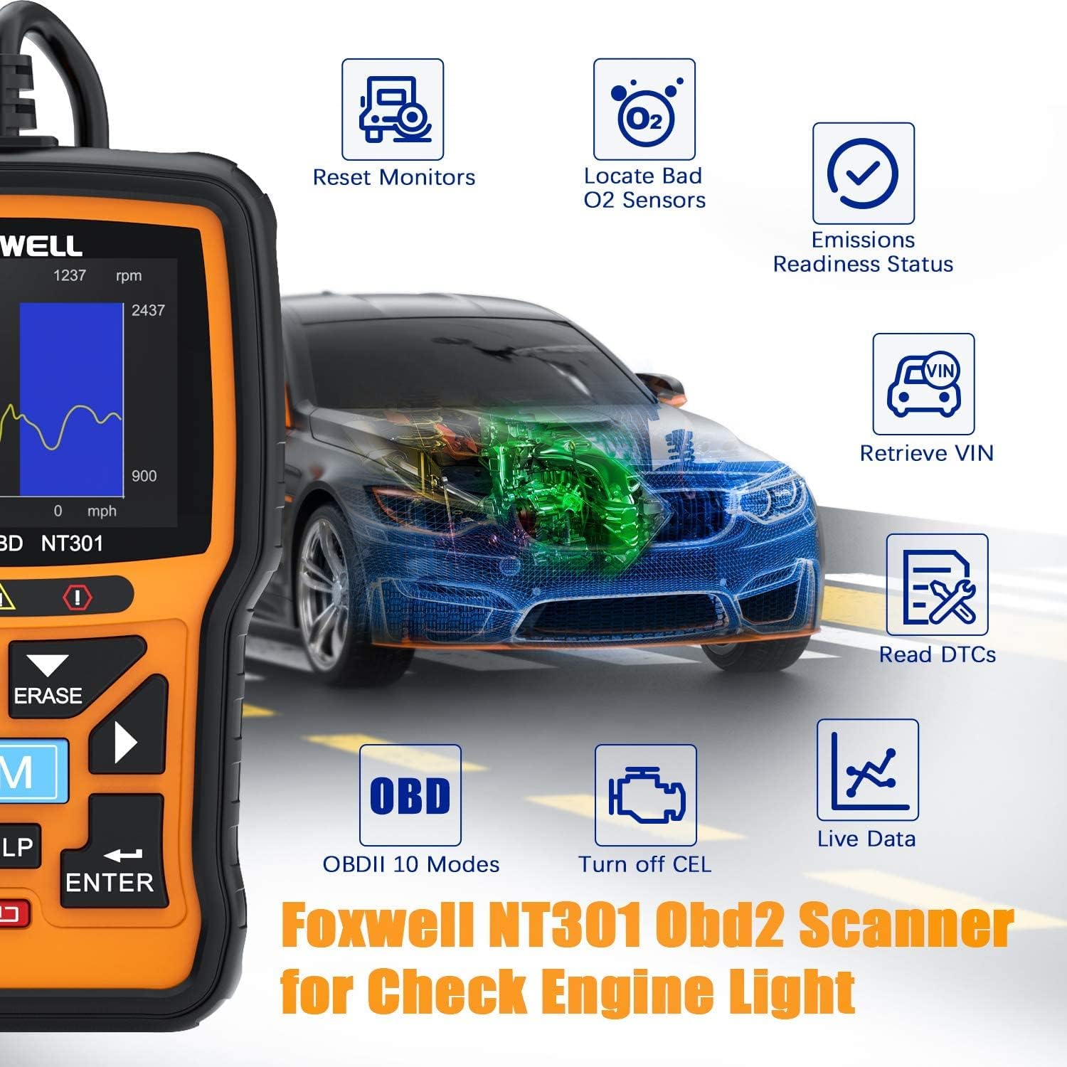 FOXWELL NT301 OBD2 Scanner Professional Mechanic OBDII Diagnostic Code Reader Tool for Check Engine Light