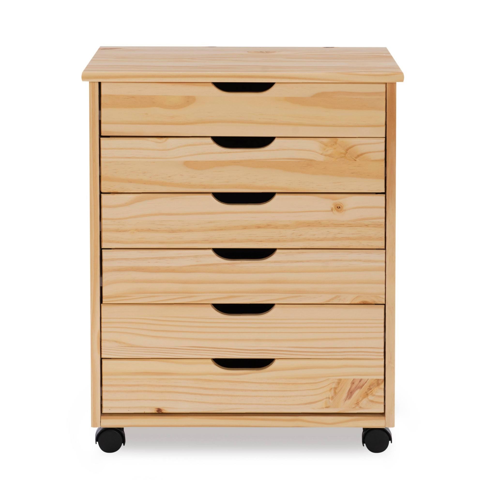 Cary Six Drawer Wide Roll Cart, Natural Linon