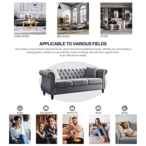 Chesterfield Sofa Couch, 80" W Velvet 3 Seater Sofa Tufted Couch with Rolled Arms and Nailhead for Living Room, Bedroom, Office, Apartment - Beige