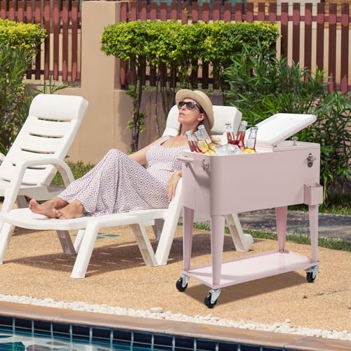 Bueuwe 80 Quart Rolling Ice Chest on Wheels, Portable Patio Party Bar Drink Cooler Cart with Shelf, Beverage Pool with Bottle Opener,Water Pipe,for Party Cookouts Backyard BBQ