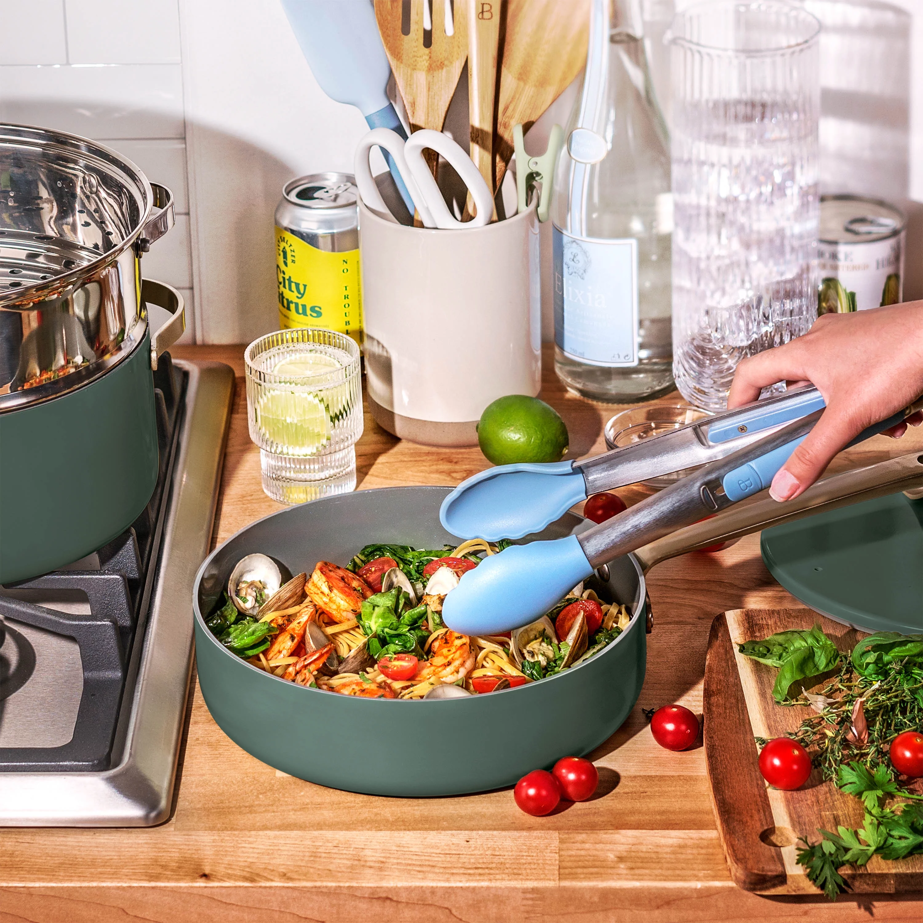 Beautiful 20pc Ceramic Non-Stick Cookware Set, Thyme Green by Drew Barrymore