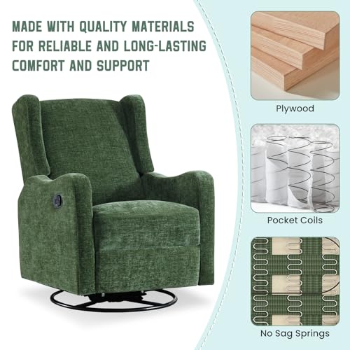 360° Swivel Glider Recliner, Soft Chenille Mid Century Modern Upholstered Ergonomic Rocker Comfy Wingback Accent with Curved Arm Sillas Reclining Chair Living Room Bedroom Lounge Reading Nursery Green