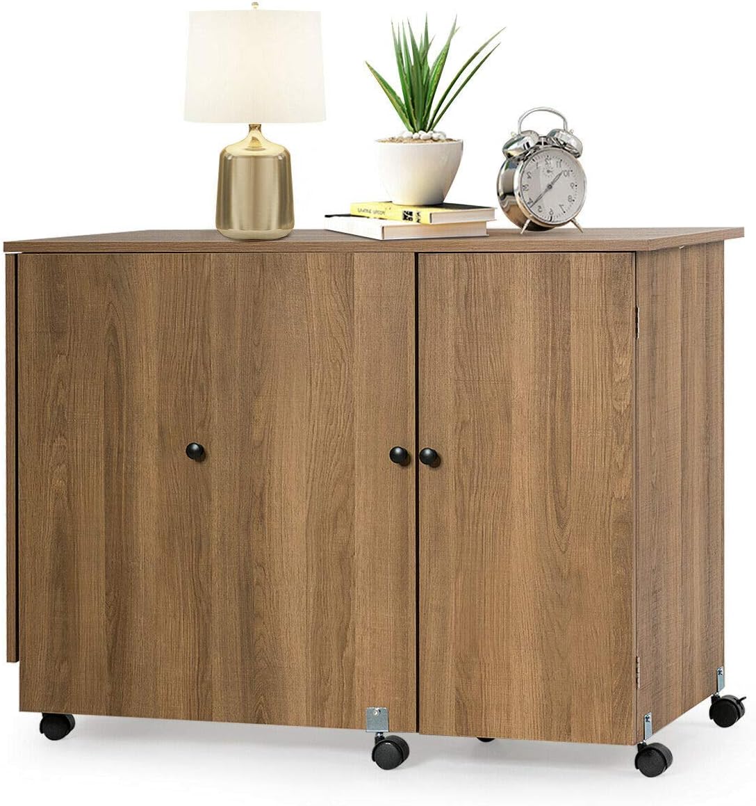 Multifunction Design Folding Sewing Craft Table Shelves Storage Cabinet Computer Desk Home Furniture with Wheels, Space-Saving,3 Storage Bins Natural