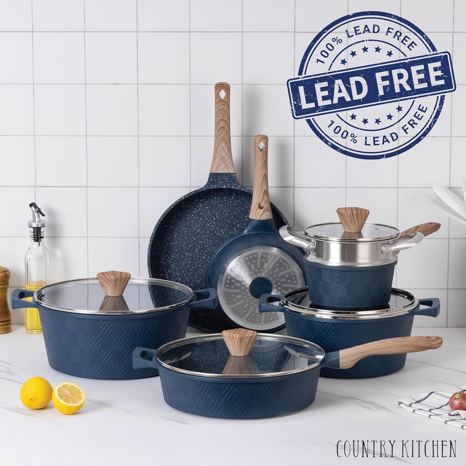Country Kitchen Induction Cookware Sets - 13 Piece Nonstick Cast Aluminum Pots and Pans with BAKELITE Handles, Glass Lids- Rhombas Design (Navy)