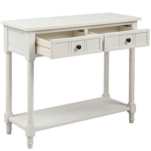 Narrow Console Table with 2 Drawers and Storage Shelf, 35.34" L Retro Sofa Table 2-Tier Wood Entryway Table with Storage for EntryWay, Hallway, Couch, Living Room, Kitchen,Ivory