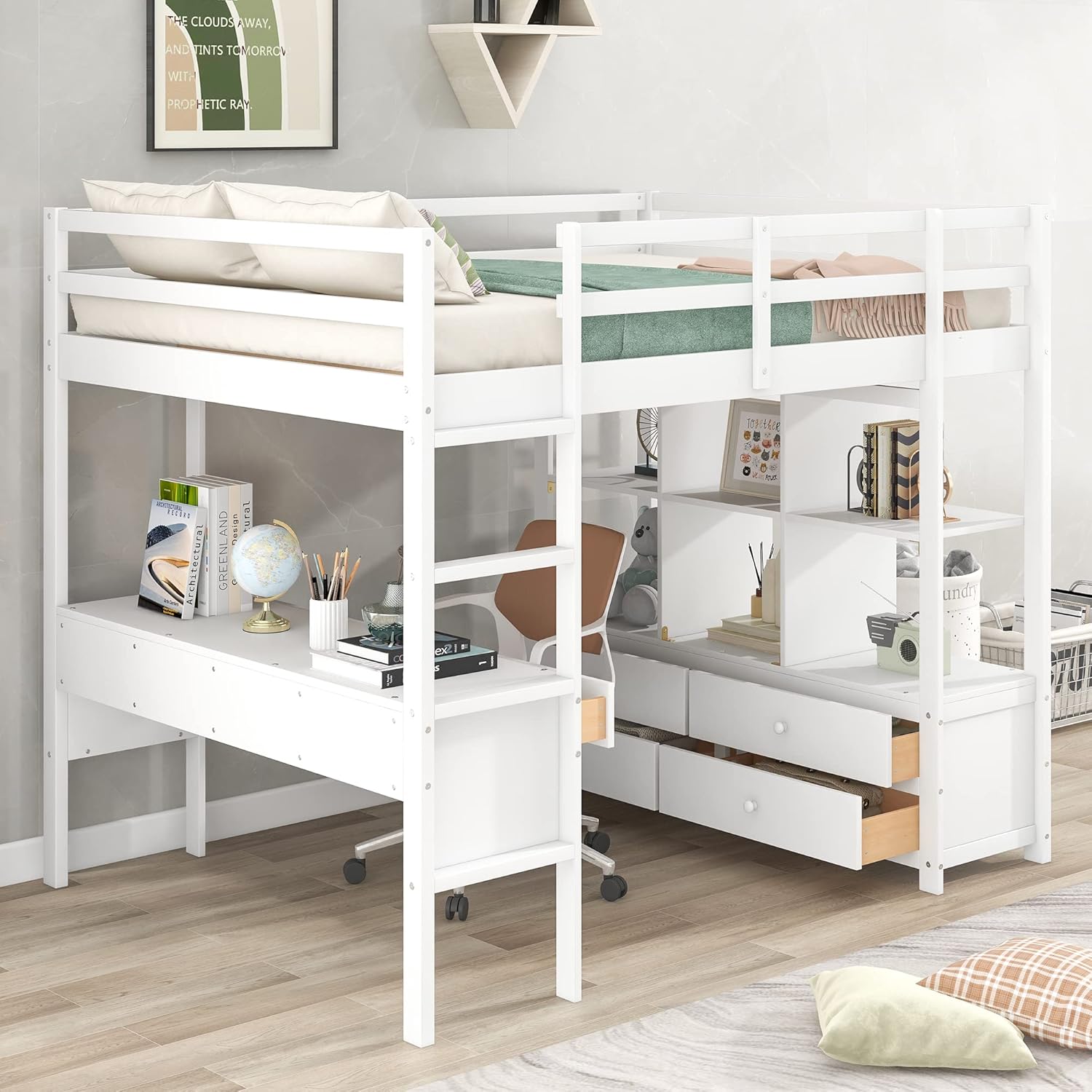 Full Size Loft Bed with Built-in Desk, 2 Drawers and Storage Shelves, Wooden FullLoft Bed Frame with Guardrails for Kids Teens Adults, White