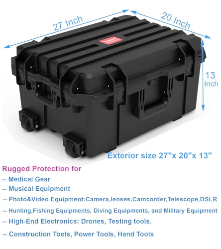 Regetek 27 Inch Waterproof Hard Case with Wheels,Customizable Foam,Rolling Hard Case for cameras,lenses, Camcorder,Drone,Instrument,equipment, tool, IP67,Shockproof,Gear Roller Case 27"x 20"x 13"
