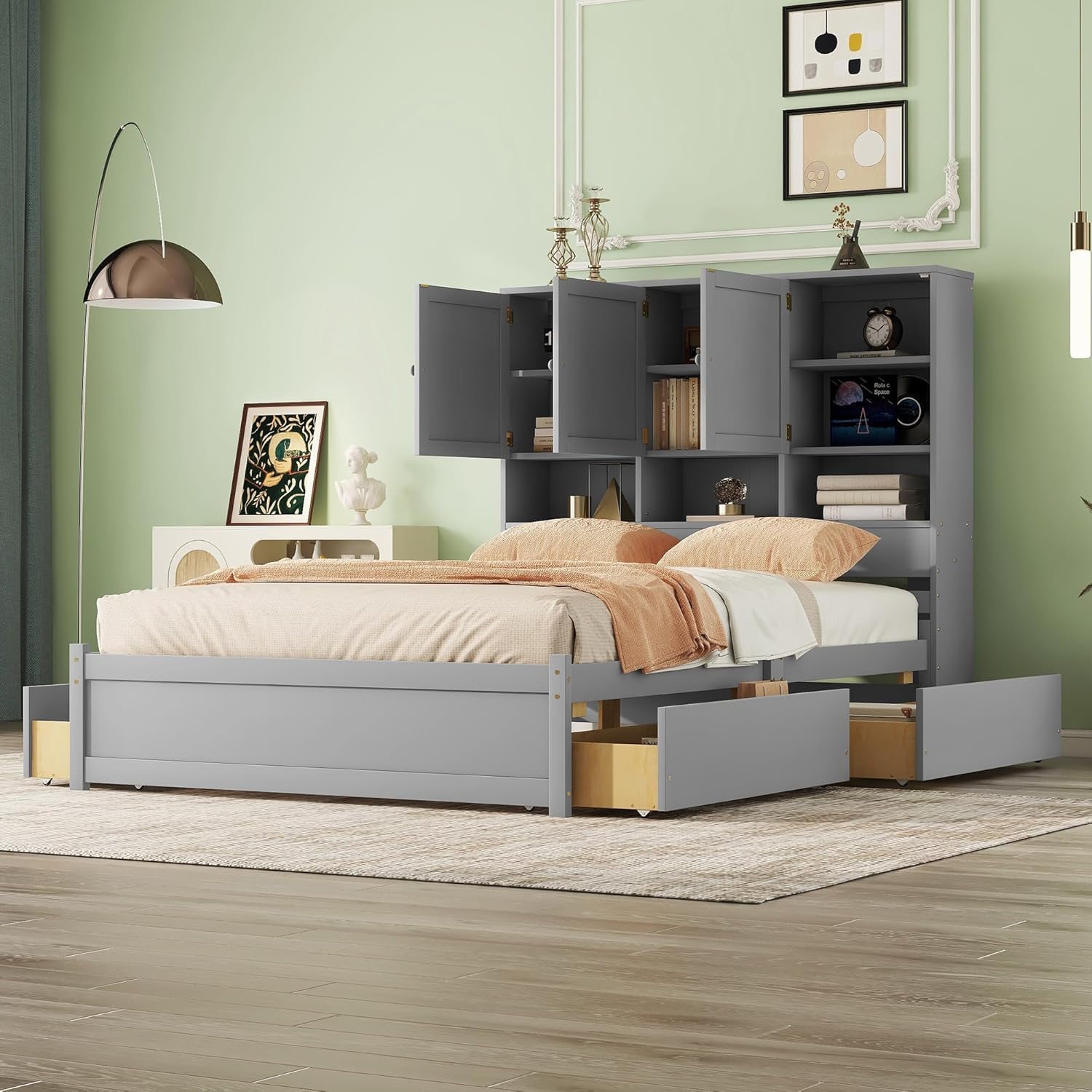 Queen Size Bed Frame, Wooden Platform Bedframe with Storage Headboard, 4 Drawers and Cabinets, No Box Spring Needed, Gray
