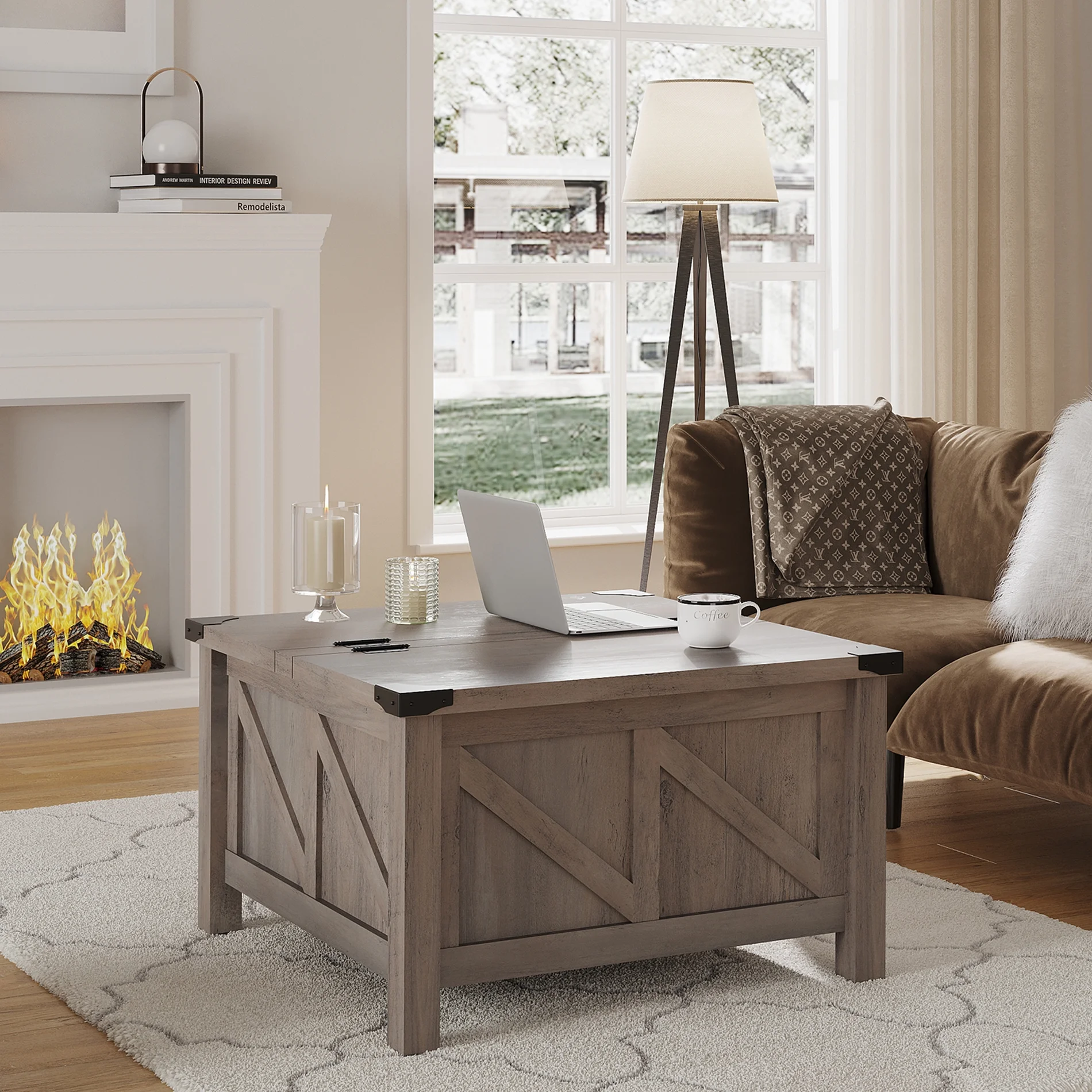 WAMPAT Farmhouse Coffee Table, Square Wood Center Table with Gas Struts Lift-Top for Extra Large Hidden Storage, Metal Bracket Corner, Z-Shaped,Grey