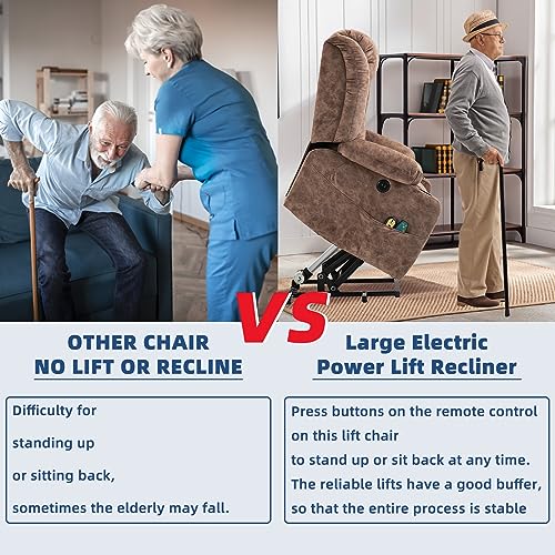 Large Electric Power Lift Recliner Chair with Extended Footrest for Elderly Big Man, Overstuffed Wide Massage Lounge Chairs with Heat, 2 Cup Holders, Side Pockets & USB Ports, Fabric Gray