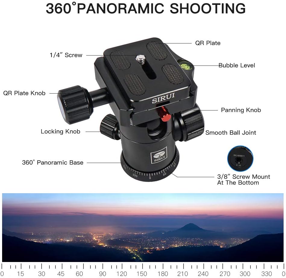 SIRUI Traveler 7C Camera Tripod 65.55 inches Carbon Fiber Arca Tripod with E-10 360° Panorama Ball Head and Arca Swiss Quick Release Plate Load Capacity Up to 17.6lbs, Convertible to Monopod