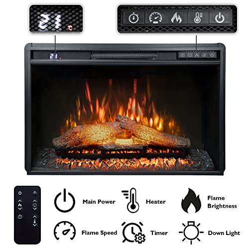 23.7" W Electric Fireplace Insert with 4 Adjustable Brightness Flames & Overheat Protection, 750/1500W, Black