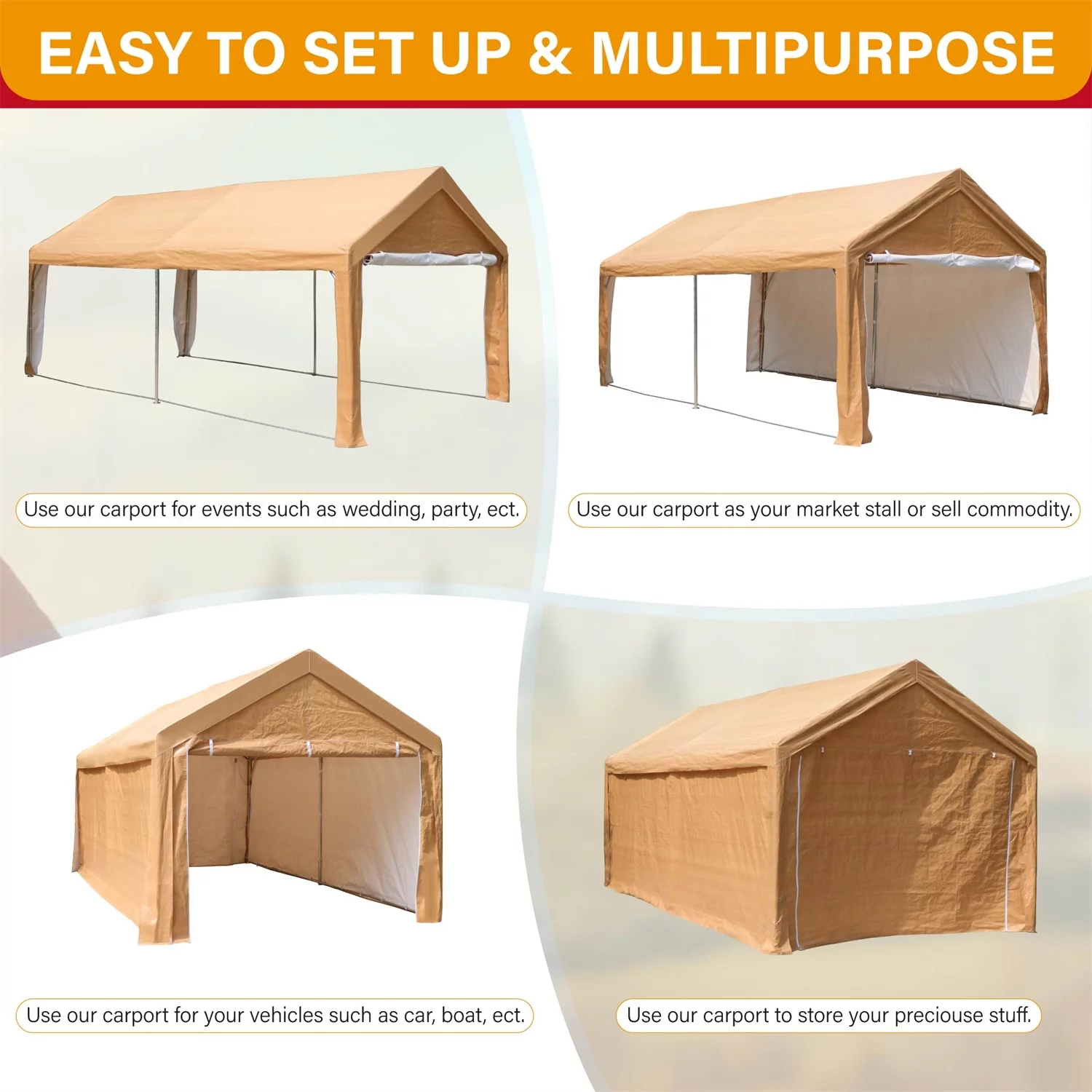 MF Studio 10' X 20’Carport Heavy Duty Car Canopy Galvanized Car Boat Shelter with Removable Sidewalls and Doors Beige
