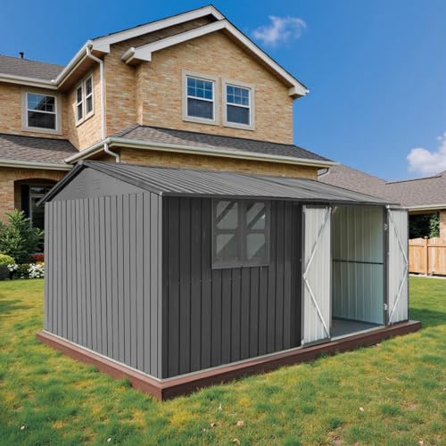 10' x 8' Large Outdoor Storage Shed, Sturdy Metal Building w/Windows & Lockable Doors for Garden, Backyard, Poolside and Lawn, Grey