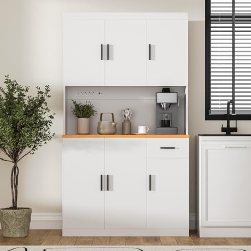 Black Kitchen Pantry Cabinet, 71" Tall Kitchen Storage Cabinet with Power Outlet, Freestanding Kitchen Hutch with countertop