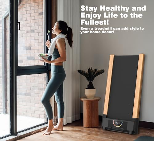 Walking Pad, Under Desk Treadmill with High Sound Quality Speaker, Exquisite Wood Treadmills for Home Small, Max 300LBS Capacity, Installation-Free with LED Light Strap Display