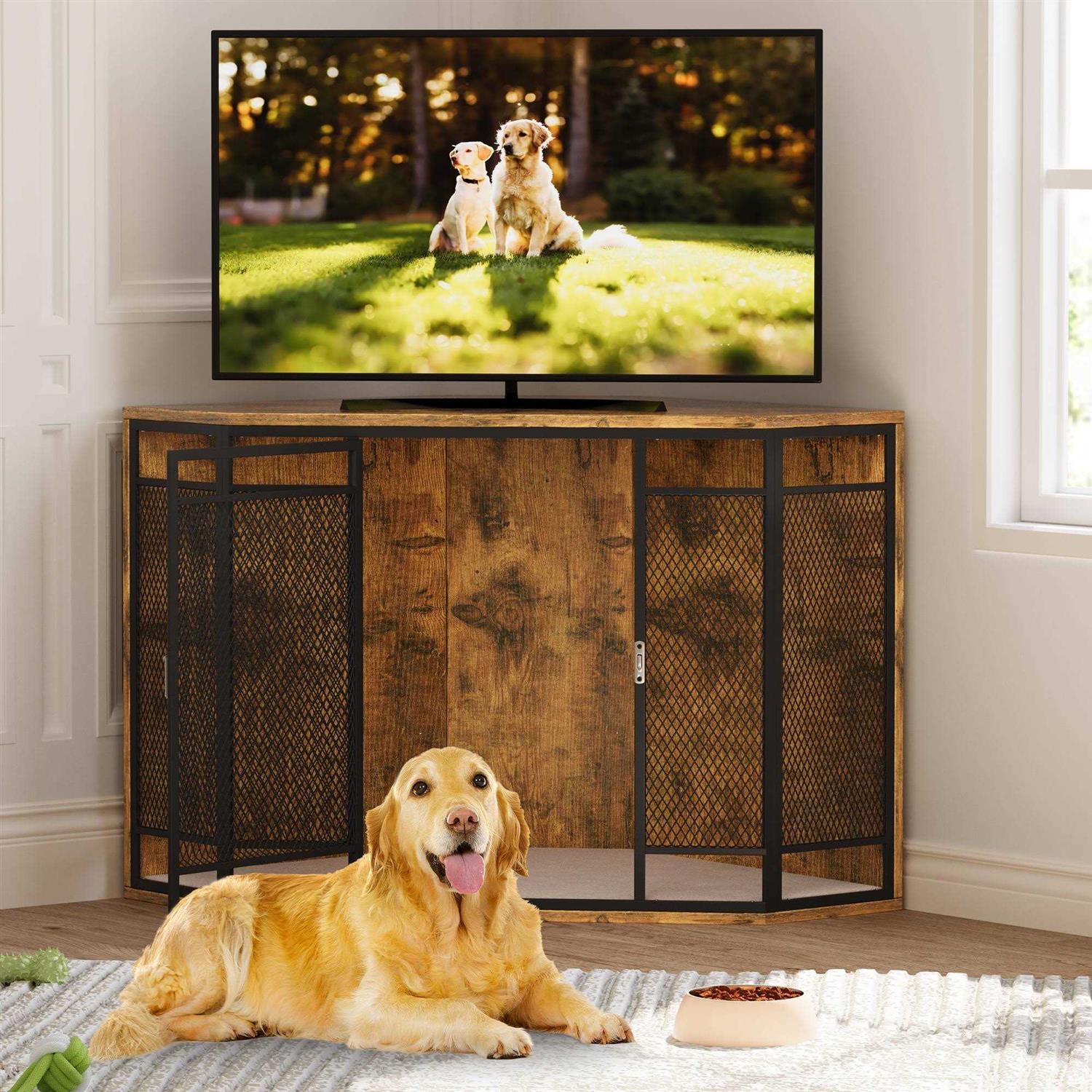 Dextrus Corner Dog Crate Furniture,Stylish 43.7-inch Wooden Dog Kennel with Sturdy Metal Mesh - Pet Supplies online store
