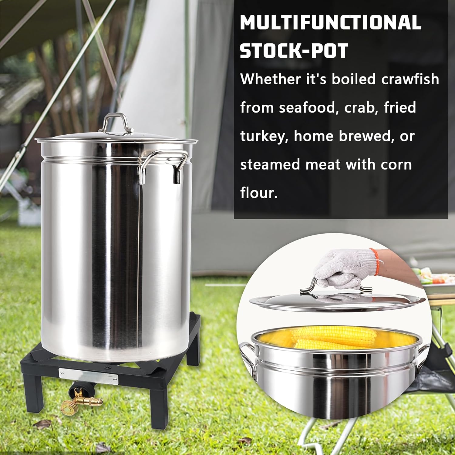 Stainless Steel Cookware Stock pot 44-Quart Outdoor Large Capacity Party Chicken Fish Steamed Seafood Clams Vegetables Multipurpose Stock Pot with Strainer Sturdy Smooth surface Easy to Clean