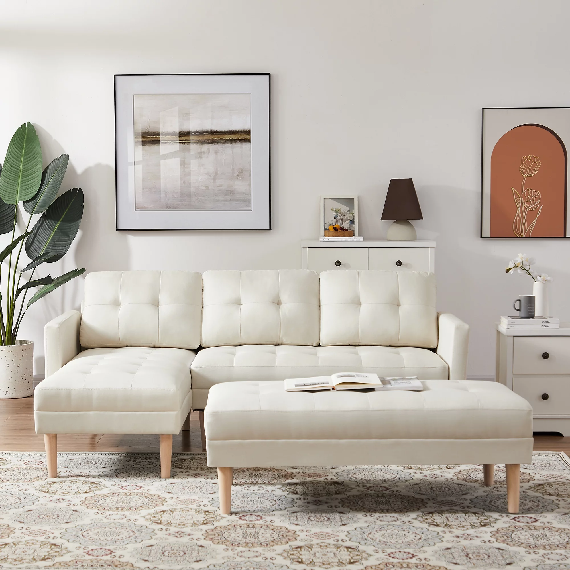 Sleeper Sofa Bed Reversible Sectional Couch with Bench, Modern L Shaped Couch for Living Room,Fabric Beige