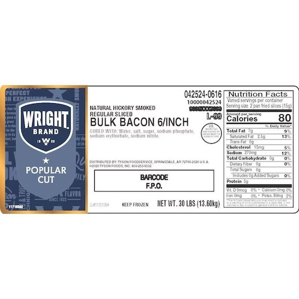 Wright Naturally Hickory Smoked Regular Sliced Bacon, 30 Pound -- 1 Each