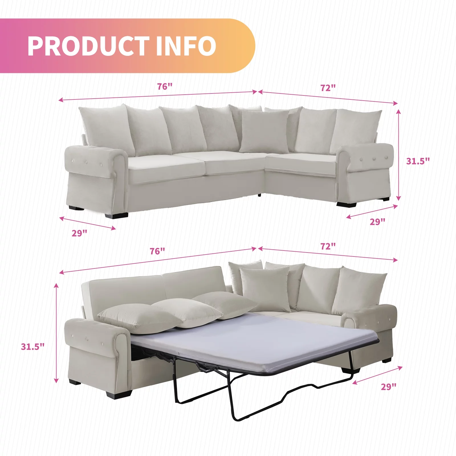 Mixoy 76"W L-Shaped Pull Out Sofa Bed, Convertible Sleeper Sofa, Reversible Velvet Large Couch with Mattress for Living Room/Office, Beige - Curated Treasures Market