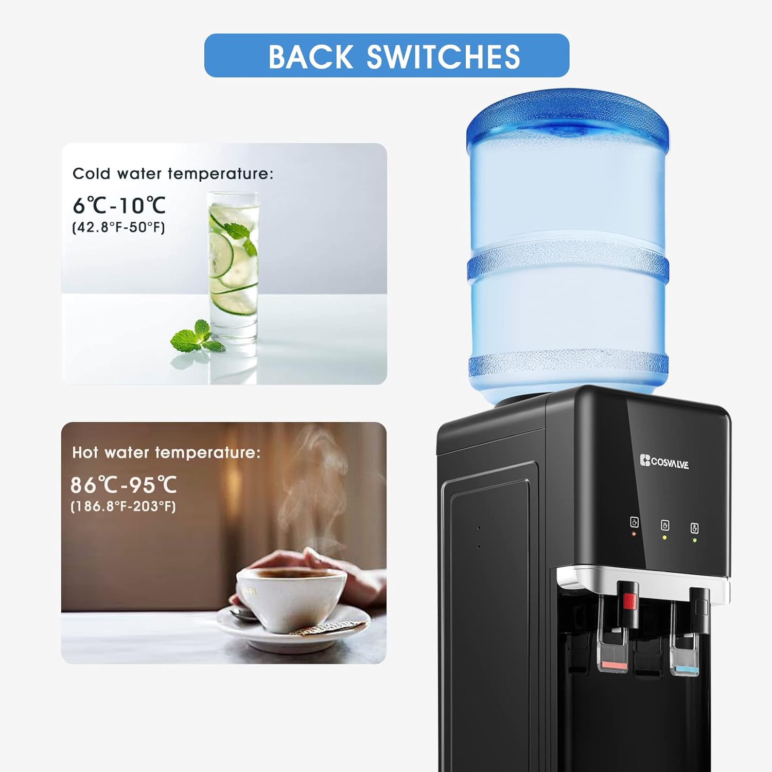 COSVALVE Water Cooler Dispenser, 5 Gallon Top Loading Hot/Cold Water Cooler,Compression Refrigeration w/Child Safety Lock,Storage Cabinet for Home Office, Apartment