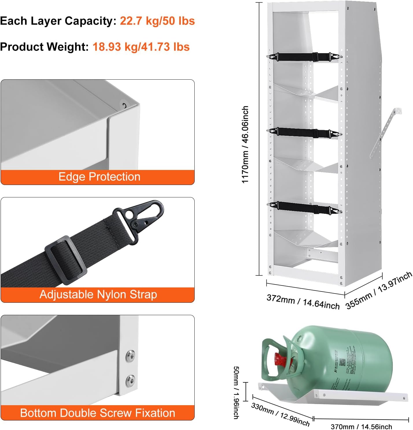 VEVOR Refrigerant Tank Rack, with 3 x 30-50lb Bottle Tanks, Cylinder Tank Rack 14.64x13.97x46.06 in, Refrigerant Cylinder Rack Gas Cylinder Racks and Holders for Freon, Gases, Oxygen, Nitrogen