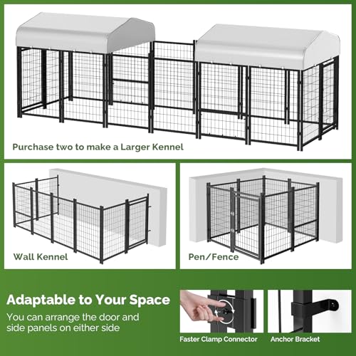 SINO LUBAN Outdoor Dog Kennel Outside Run with Doggy Door, Swivel Feeder&Roof - 8x4x6 Large Dog Kennels Pens Outside for Large Dogs Breed-Heavy Duty Cage Enclosure Yard (Can Connect to Your Dog House)
