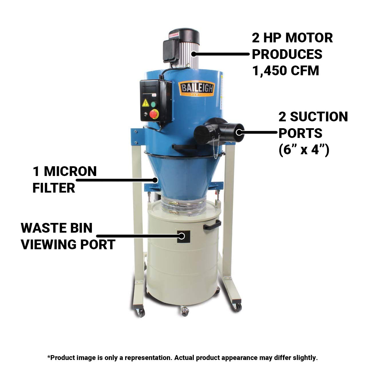 Baileigh 2-HP Cyclone Dust Collector, 220V 1PH, 1,450 CFM, 1-Micron (DC-1450C)
