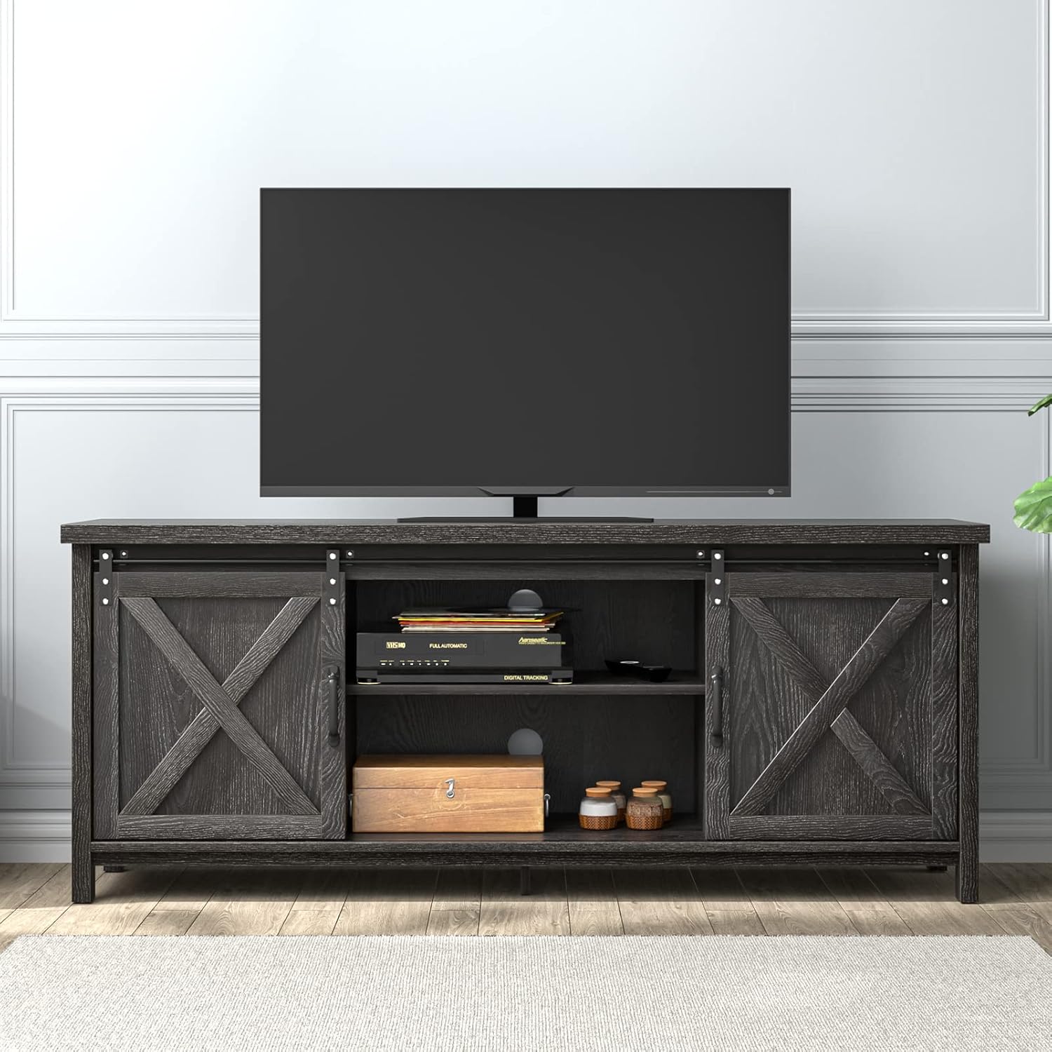 AUXSOUL Farmhouse TV Stand for 65 Inch Flat Screen - Wooden Entertainment Center with 2 Sliding Barn Doors - Storage Cabinet TV Console for Living Room (Brown)