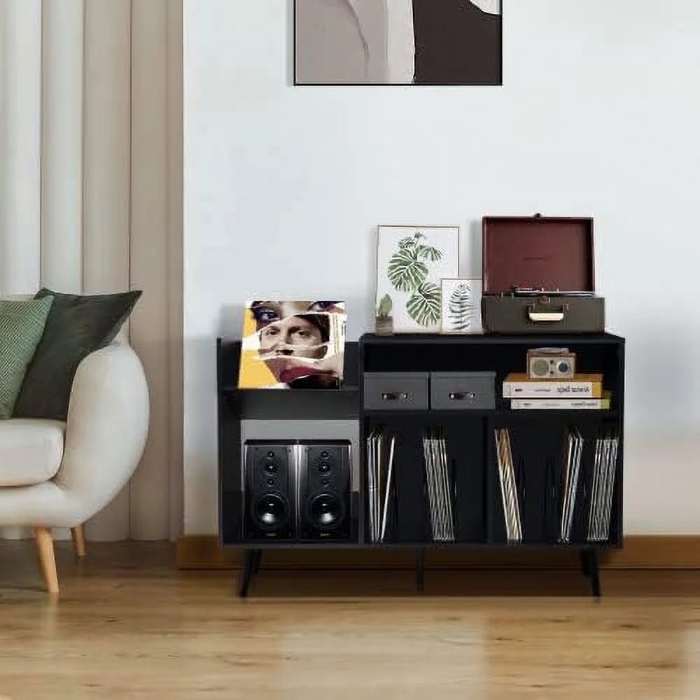 TJUNBOLIFE Record Player Stand  Mid-Century Modern Vinyl Record  Cabinet Table with Wood Legs  Turntable Stand Record Holder Holds Up to 300 Albums for Living Room  Bedroom (Black)