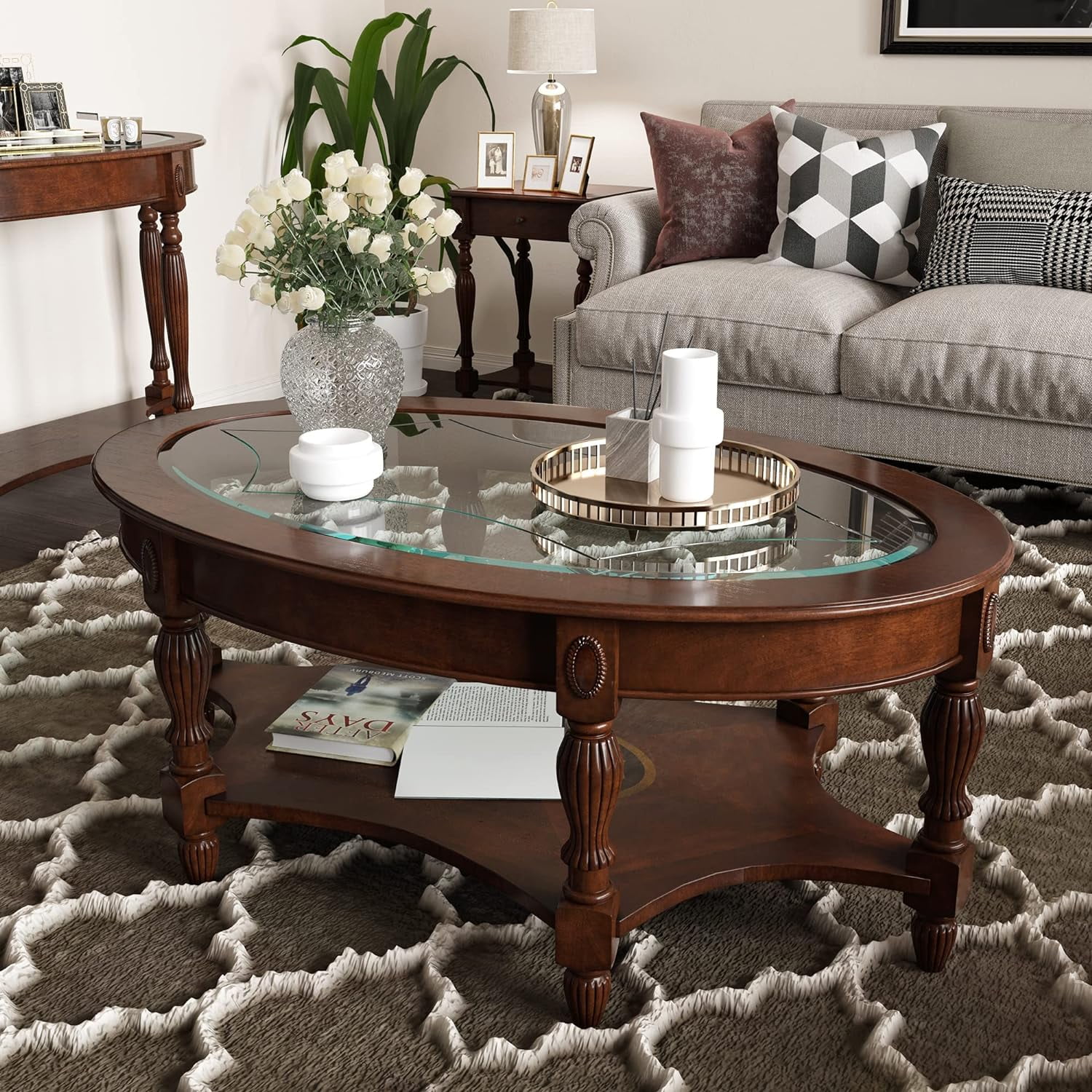 Oval Coffee Tables For Living Room, Solid Wood Coffee Table With Glass Top, Vintage Cocktail Table, 46"X29"X18.2", Easy Assemble, Cherry Walnut, KFZ-1533-GT