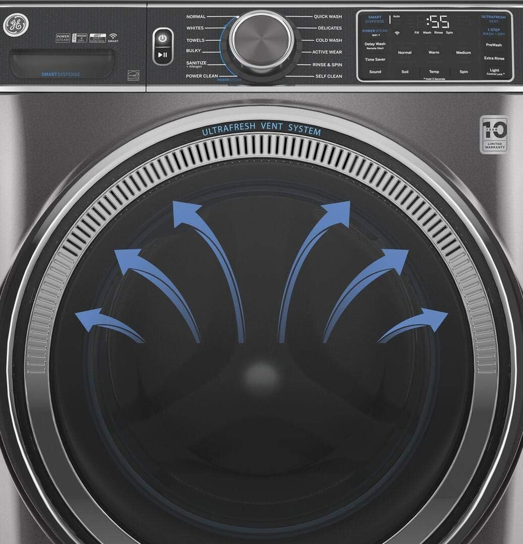 GE GFW550SPRRS 28 Inch Smart Front Load Washer with 4.8 cu. ft. Capacity, 1300 RPM, Time Saver Option, Connects with Amazon Alexa, in Saphire