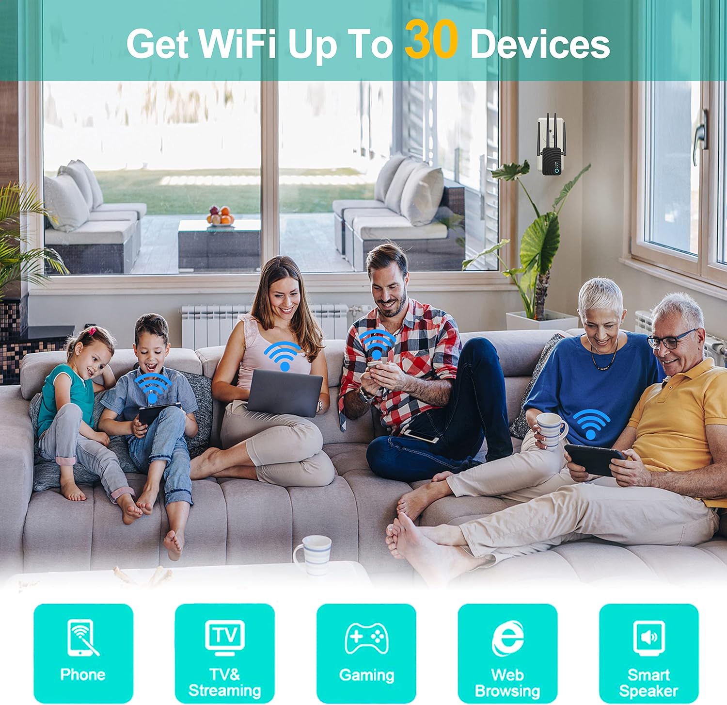 WiFi Range Extender Signal Booster, Covers up to 5000sq.ft and 35 Devices, 1200Mbps Wireless Internet Amplifier, 2.4 & 5GHz Dual Band WiFi Repeater with Ethernet/LAN Port Pack of 2