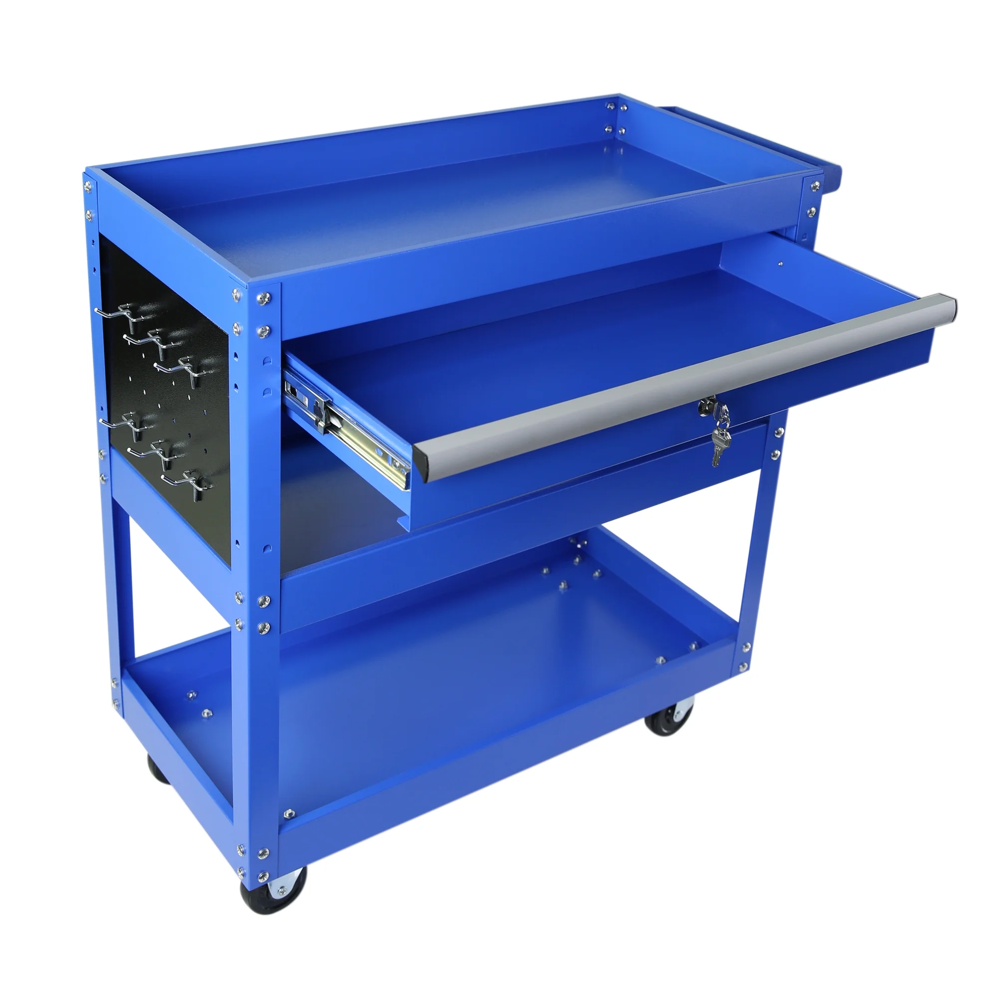Rolling Tool Cart with Drawer, Seizeen Heavy Duty Utility Cart on Wheels, Garage Workshop Tool Organizer, 3 Tray, 1 Lockable Drawer, 6 Side Hooks