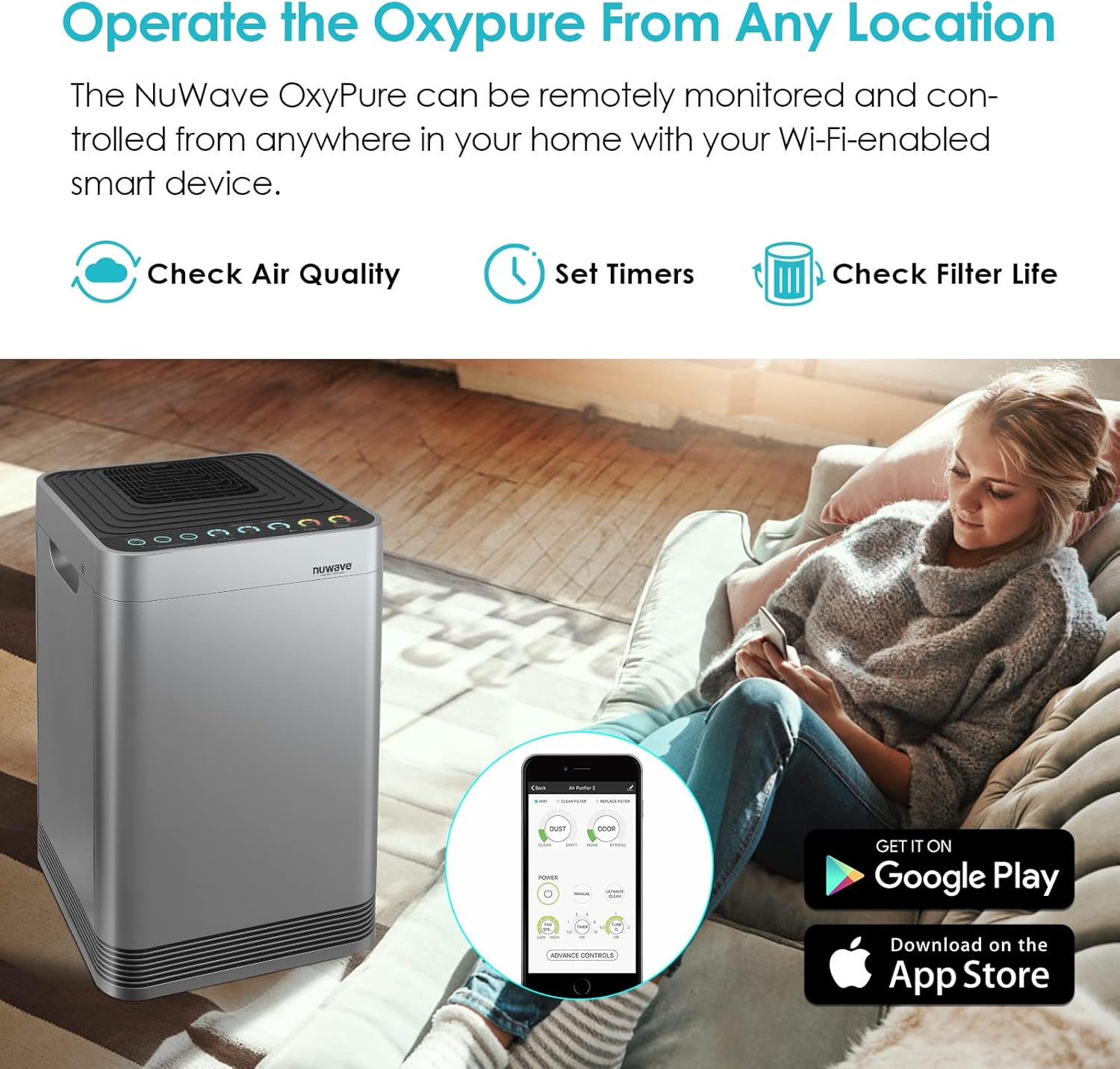 NuWave OxyPure Large Area Smart Air Purifier - Capture and Eliminate Smoke, Dust, Pollen, Mold, Pet Dander, Allergens, Lead, Formaldehyde, Gases, Bacteria, VOCs & Germs - NuWave Air Purifiers for Home