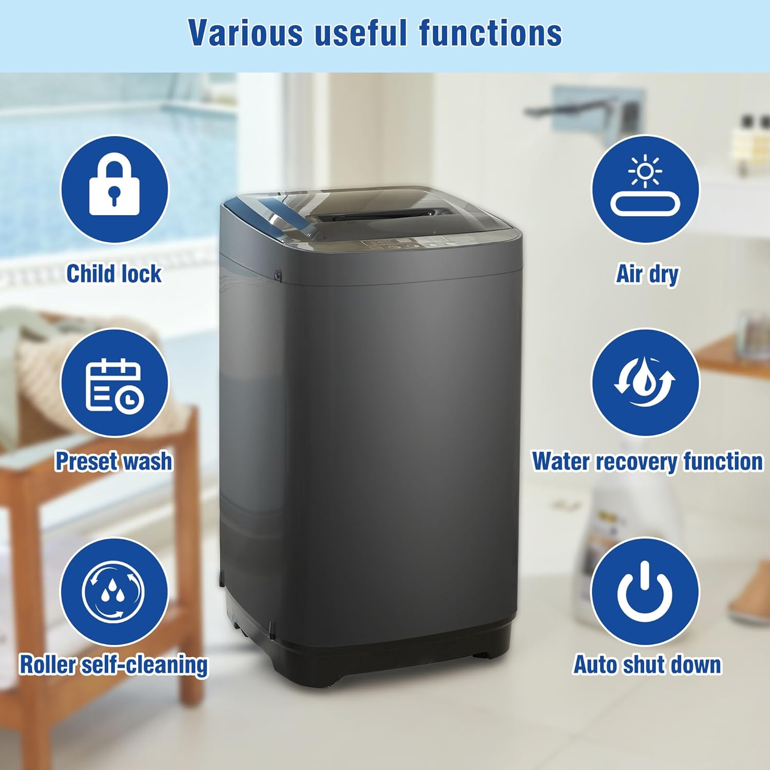 Portable Washing Machine – 15.4lbs Capacity, Top Loading Full-Automatic Compact Washing Machine with Smart Programs and Energy Efficiency (Antique grey, 18.3 "L x 18.5 "W x 31.1 "H)