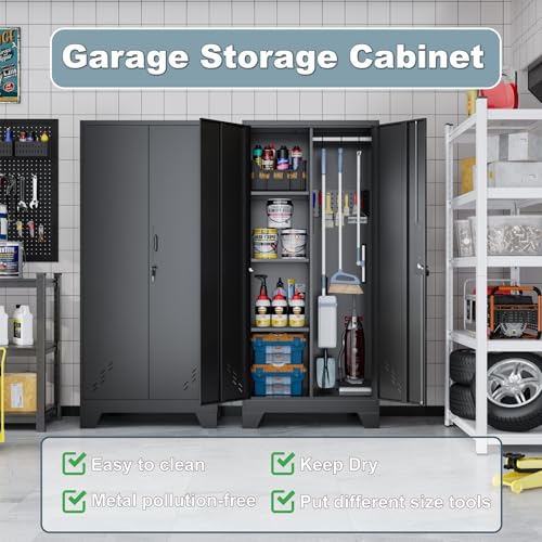 61" H Broom Closet Cabinet, Metal Storage Cabinet with Lockable Doors and Pegboard, Utility Closet for Brooms and Mops, Tool Cabinets for Home Office, Laundry Room, Garage, Workshop
