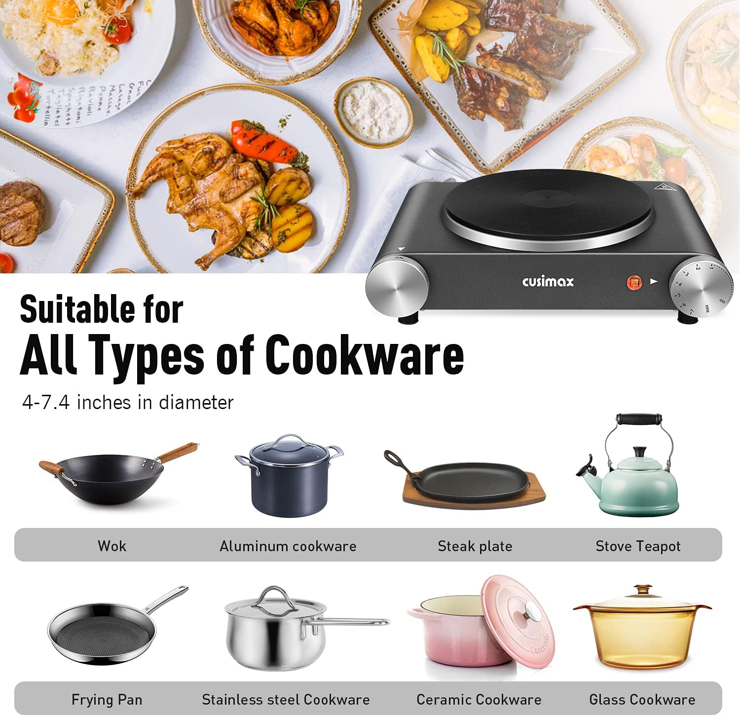Cusimax Hot Plate Electric Burner Single Burner Cast Iron hot plates for cooking Portable Burner 1500W with Adjustable Temperature Control Stainless Steel Non-Slip Rubber Feet, Upgraded Version