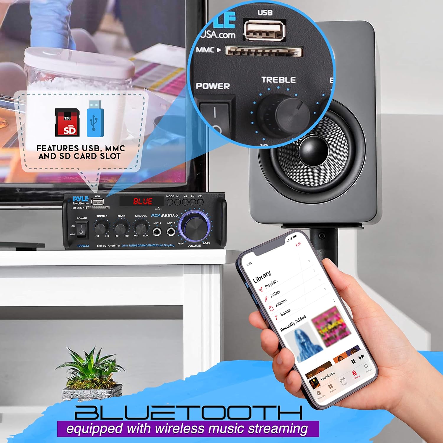 Pyle Wireless Bluetooth Stereo Power Amplifier - 200W 2 Channel Audio Stereo Receiver USA Warranty w/RCA, USB, SD, MIC in, FM Radio, for Home Theater Entertainment via RCA, Studio Use - Pyle PDA29BU Pack of 2