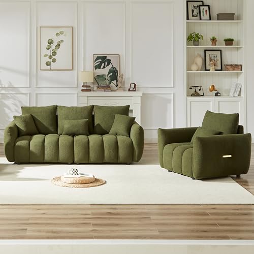 2 Piece Teddy Cloud Sofa Couch Set, Modern Deep Seat 3 Seater Boucle Sofa & Single Sofa Chair, Cozy Upholstered Sherpa Living Room Furniture Set for Apartment Office, Black