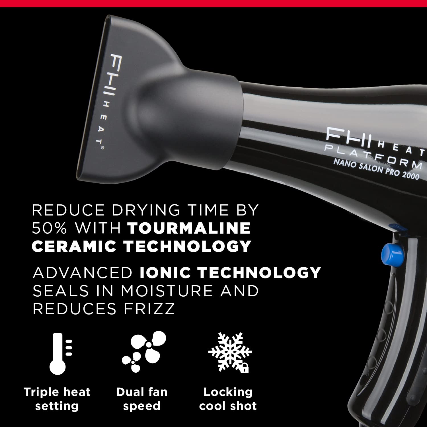 FHI HEAT Platform Nano Power Salon Pro 2000 Tourmaline Ceramic Quick Dry Hair Dryer with 3 Piece Attachment Set (Comb, Concentrator, and Diffuser), Black