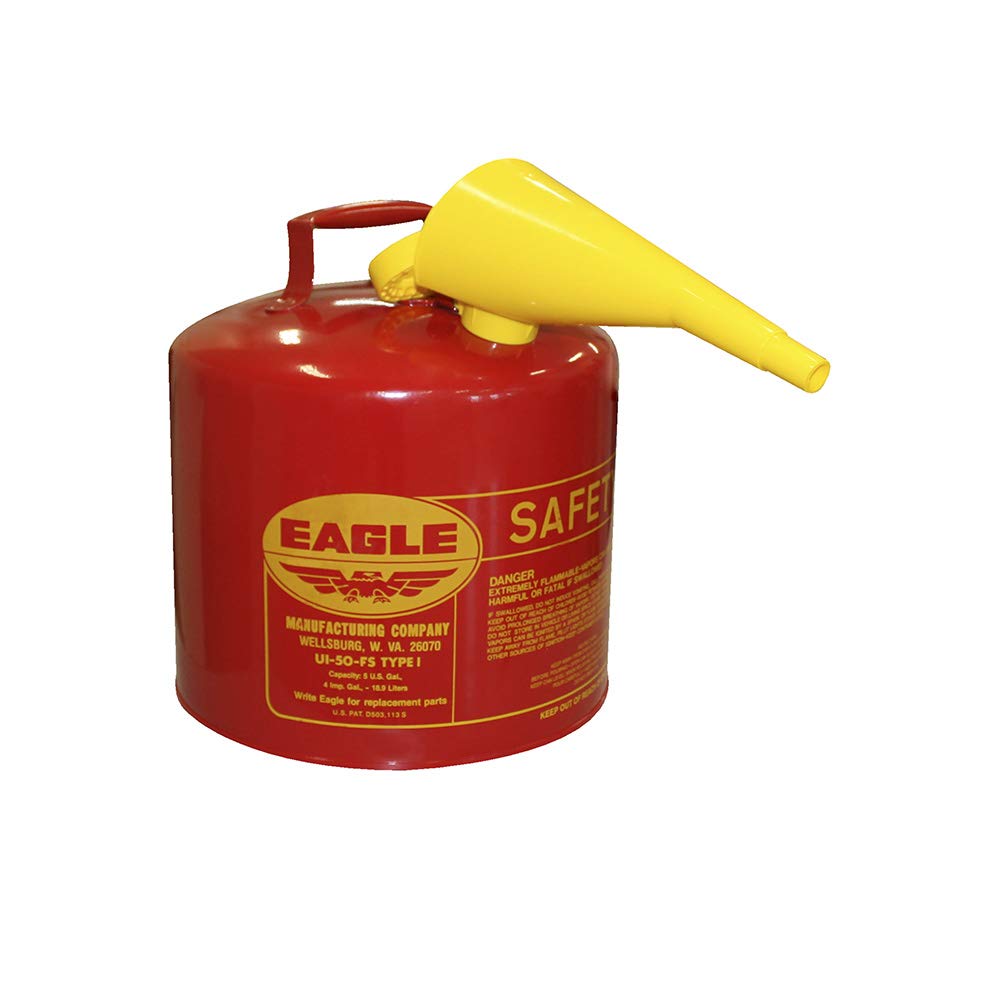 Eagle UI-50-FS Red Galvanized Steel Type I Gasoline Safety Can with Funnel, 5 gallon Capacity, 13.5 Height, 12.5 Diameter,Red/Yellow