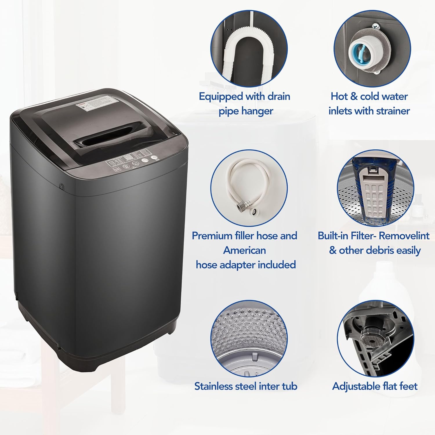 Portable Washing Machine – 15.4lbs Capacity, Top Loading Full-Automatic Compact Washing Machine with Smart Programs and Energy Efficiency (Antique grey, 18.3 "L x 18.5 "W x 31.1 "H)