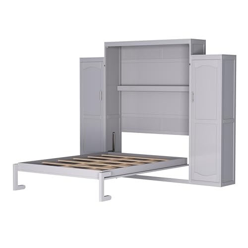 KLMM Wooden Murphy Bed Wall Bed with 2 Wardrobe and Storage Shelf,Foldable Platform Bedframe for Guest-Room Bedroom Study Office Use (White#E, Full)