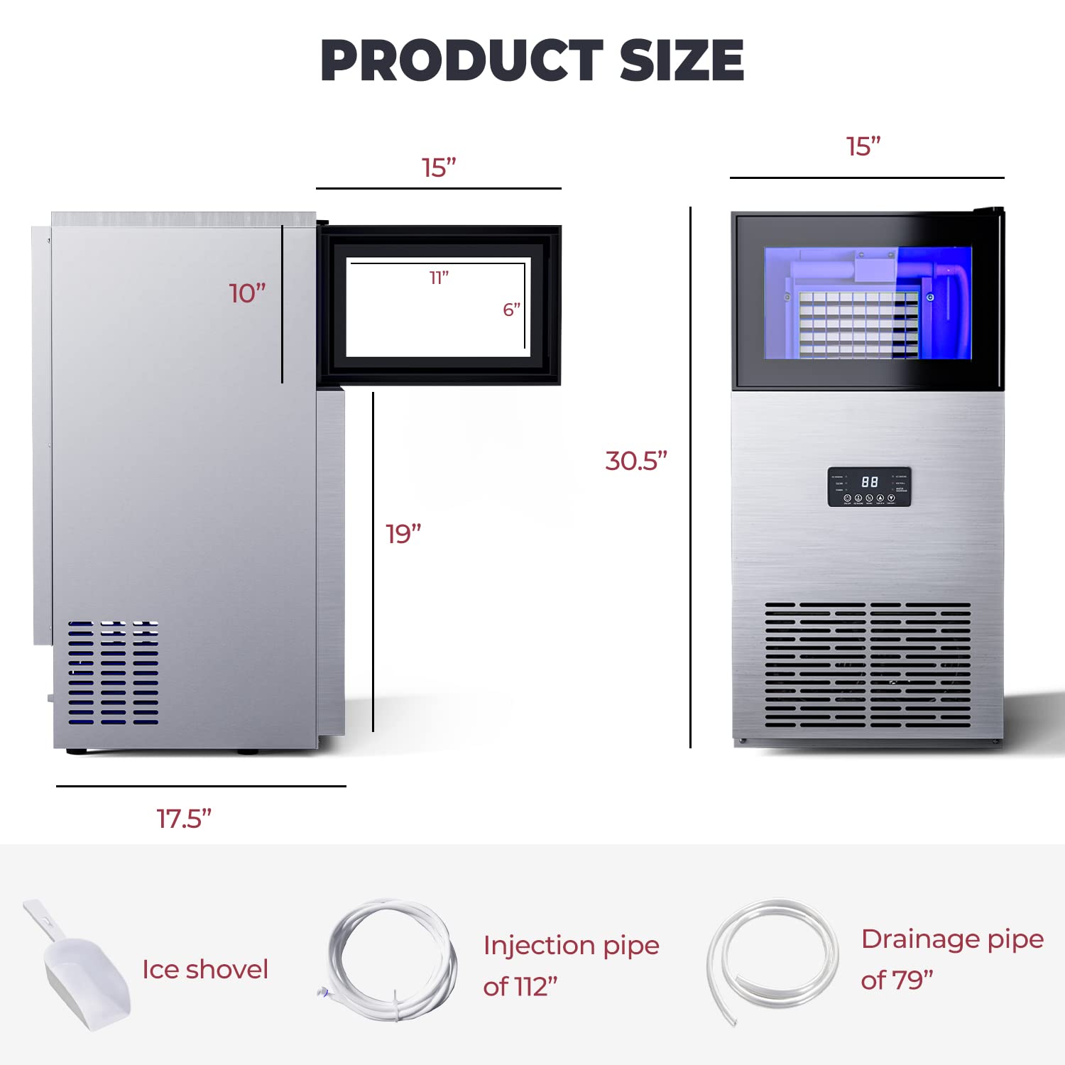 COSTWAY Commercial Ice Maker Machine, 180LBS/24H Stainless Steel Under Counter Freestanding Ice Machine for Restaurant with Self-Cleaning Function, 63 Ice Cube Ready in 13-18 mins, 35 LBS Storage Bin