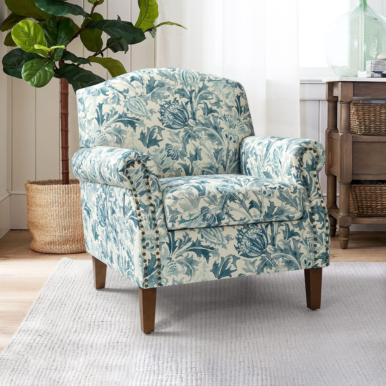 Modern Accent Chair With Wood Legs & Removable Cushion, Comfy Upholstered Armchair Nailhead Trim, Floral Design Single Sofa Cozy Club Chair For Living Room Bedroom Reading Office, Aegean