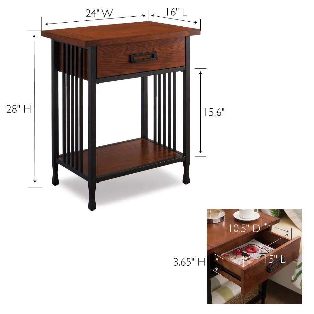 Leick Home 11222 Ironcraft Rustic One Drawer Nightstand, Mission Oak and Black Metal